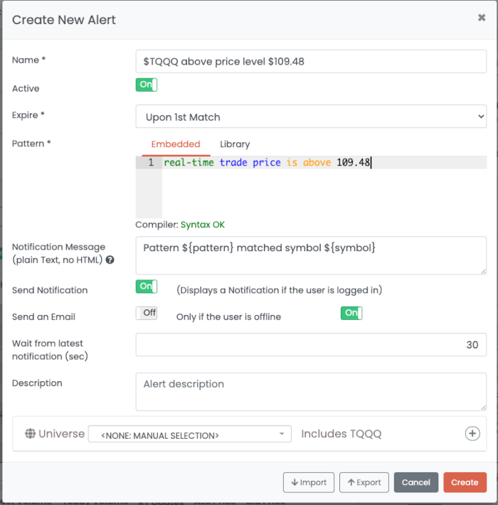 Create an Alert with embedded pattern